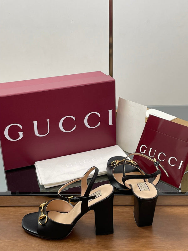 GG Women Horsebit High Heel Sandal Open Toe Black Sheepskin 225967