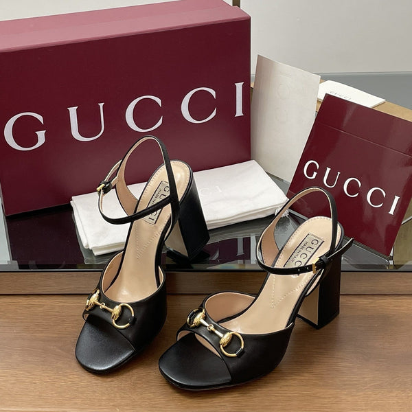 GG Women Horsebit High Heel Sandal Open Toe Black Sheepskin 225967