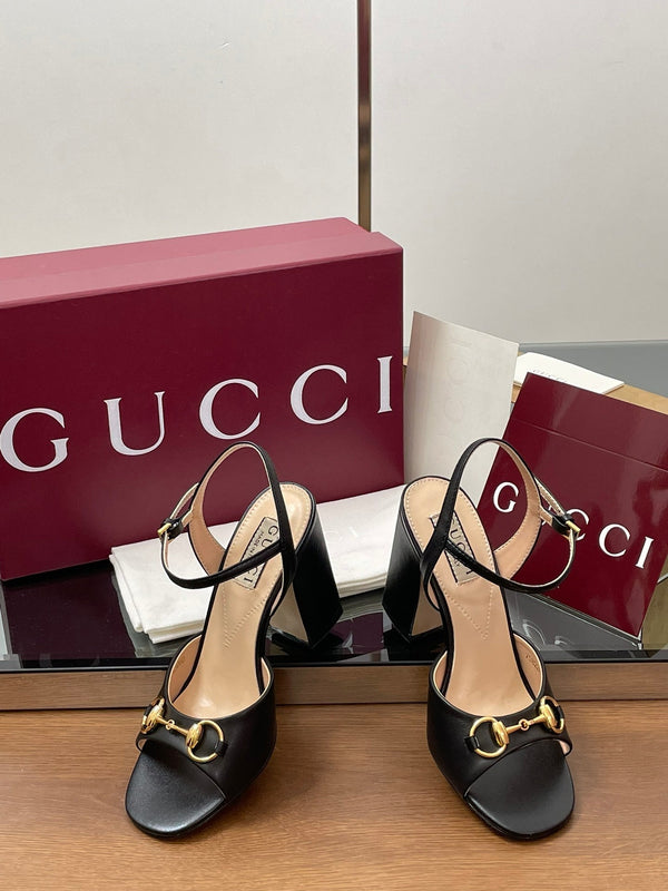 GG Women Horsebit High Heel Sandal Open Toe Black Sheepskin 225967