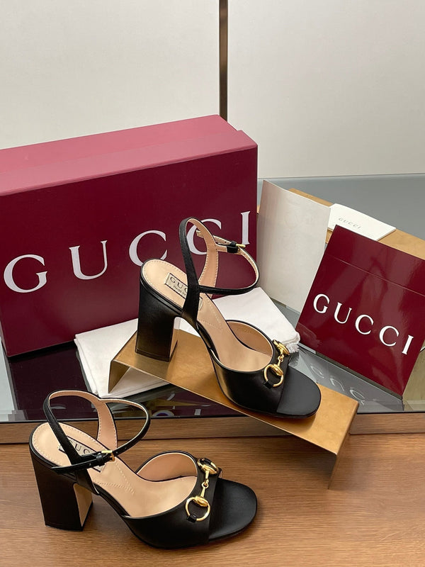 GG Women Horsebit High Heel Sandal Open Toe Black Sheepskin 225967