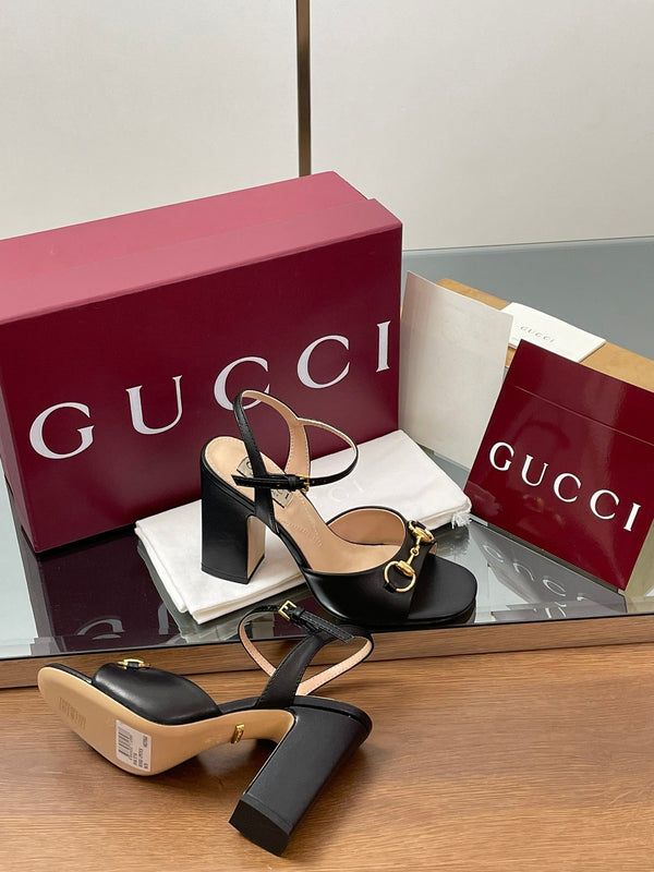 GG Women Horsebit High Heel Sandal Open Toe Black Sheepskin 225967