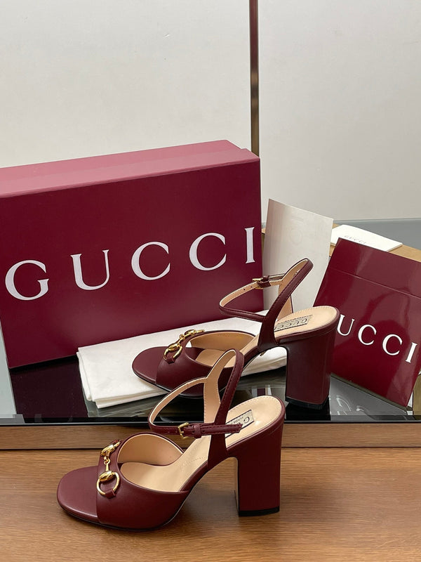 GG Women Horsebit High Heel Sandal Open Toe Burgundy Sheepskin 225968