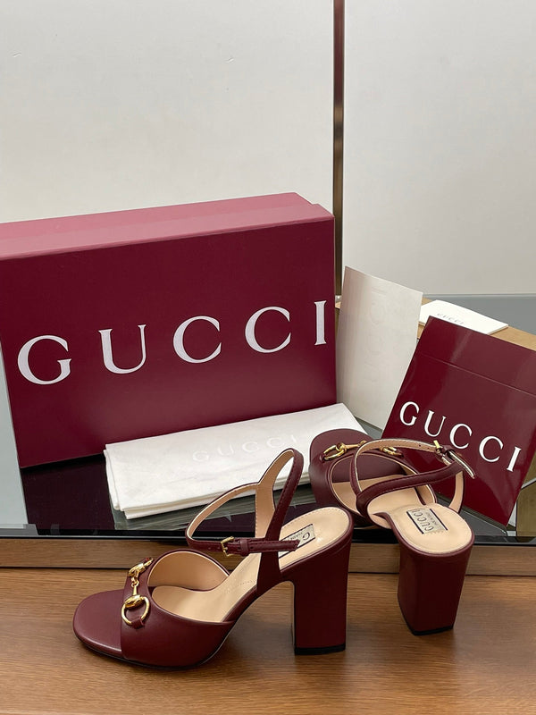 GG Women Horsebit High Heel Sandal Open Toe Burgundy Sheepskin 225968