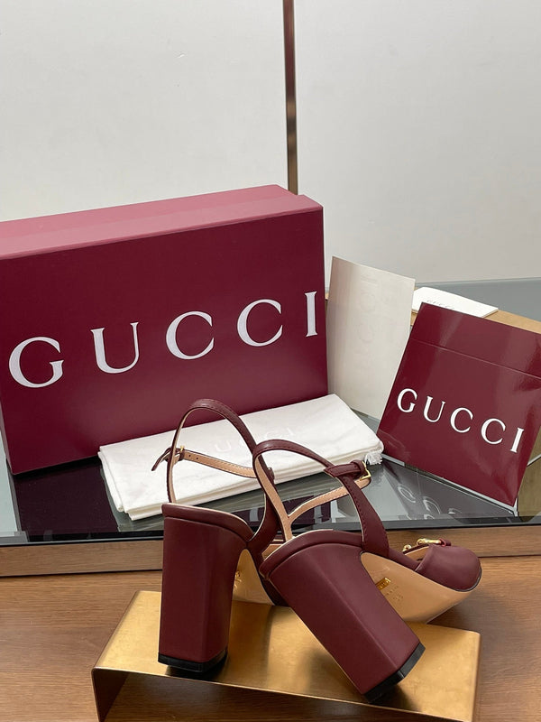GG Women Horsebit High Heel Sandal Open Toe Burgundy Sheepskin 225968