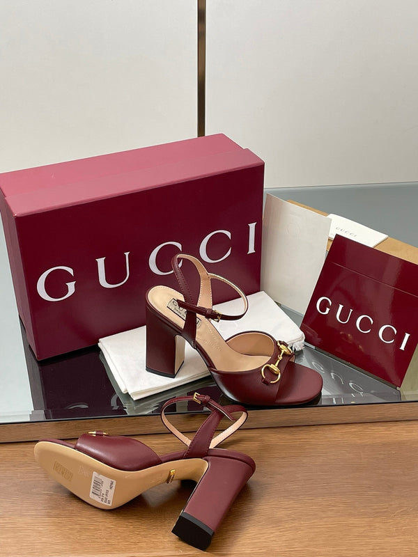 GG Women Horsebit High Heel Sandal Open Toe Burgundy Sheepskin 225968