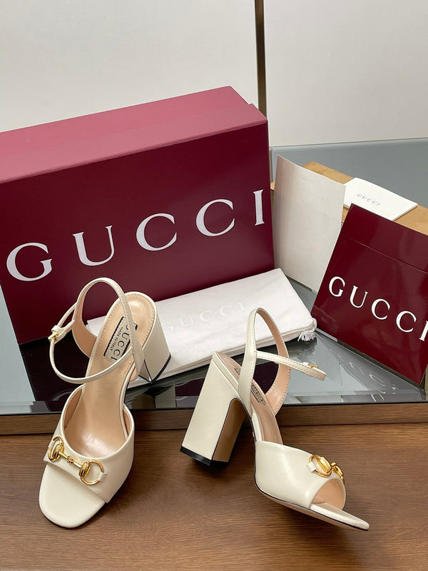 GG Women Horsebit High Heel Sandal Open Toe Cream Sheepskin 225969