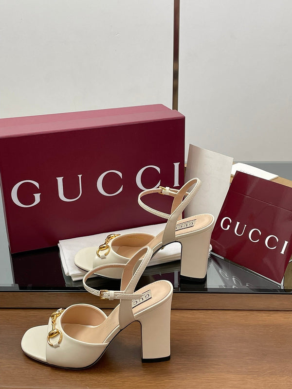 GG Women Horsebit High Heel Sandal Open Toe Cream Sheepskin 225969