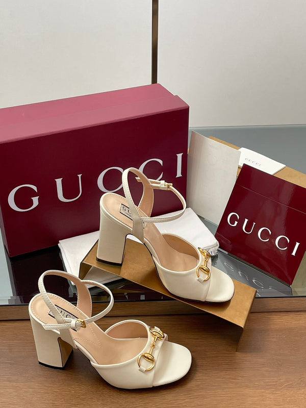 GG Women Horsebit High Heel Sandal Open Toe Cream Sheepskin 225969