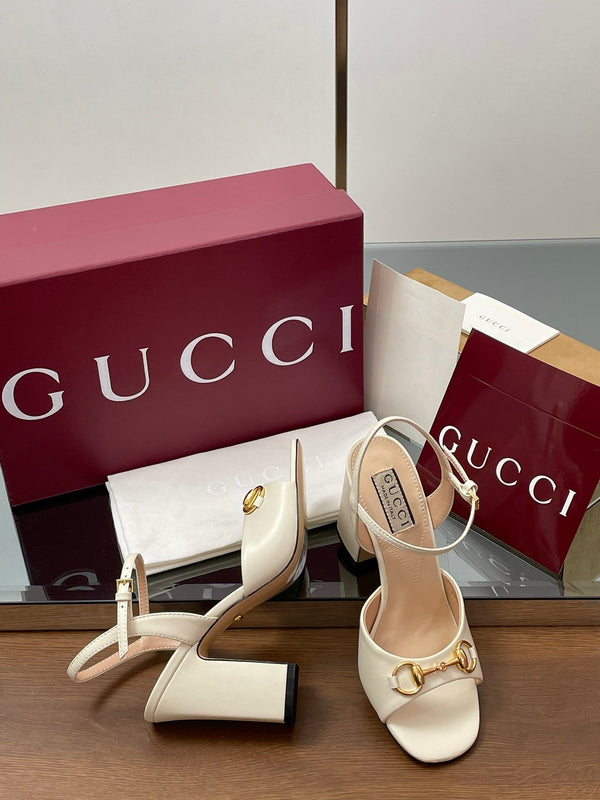GG Women Horsebit High Heel Sandal Open Toe Cream Sheepskin 225969