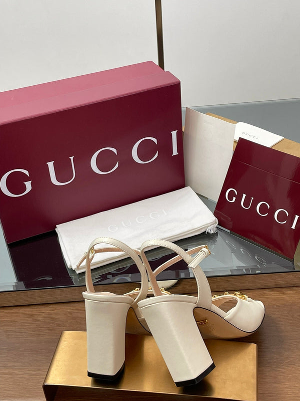 GG Women Horsebit High Heel Sandal Open Toe Cream Sheepskin 225969