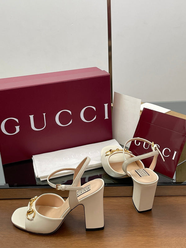 GG Women Horsebit High Heel Sandal Open Toe Cream Sheepskin 225969