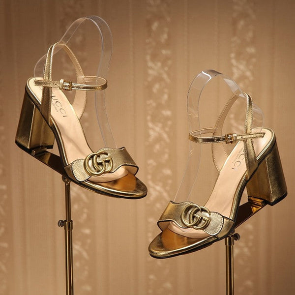 GG Marmont Ankle Strap Sandal 8cm Gold Sheepskin 342566