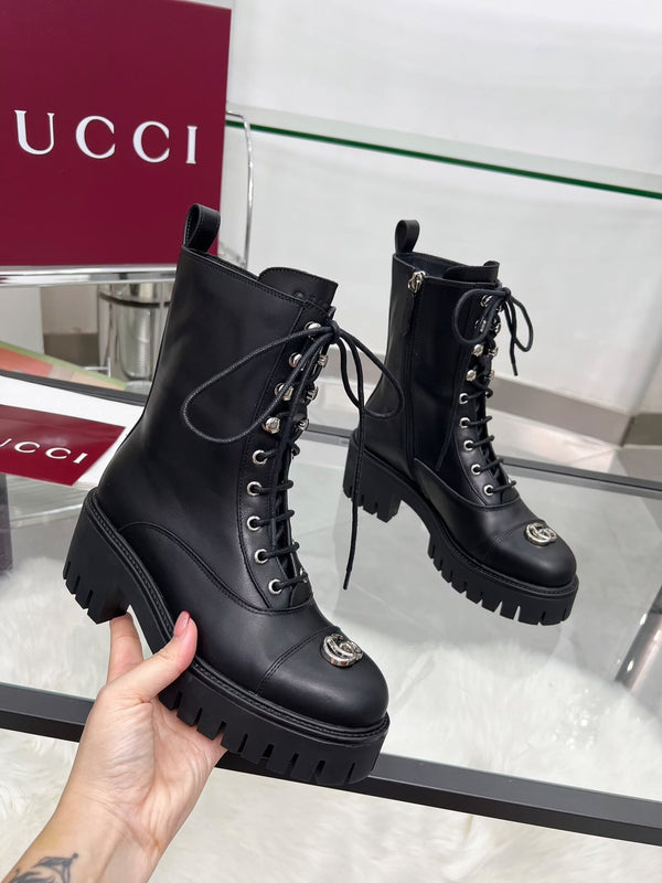 GG Platform Combat Boots Black Cowhide 476792