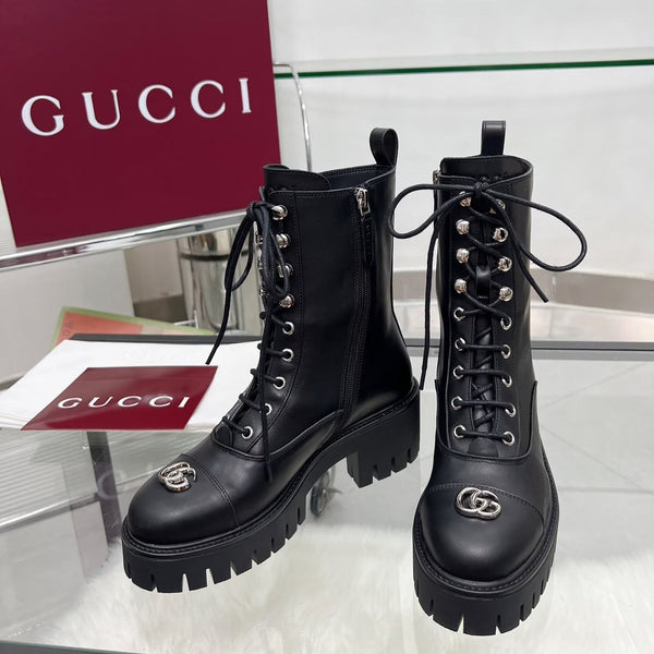 GG Platform Combat Boots Black Cowhide 476792