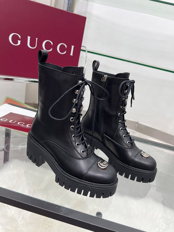 GG Platform Combat Boots Black Cowhide 476792