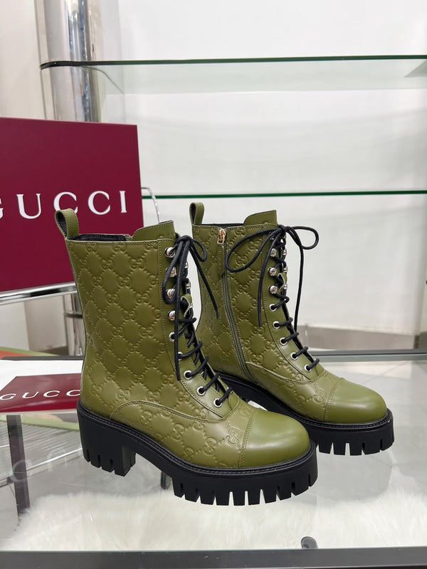 GG Platform Combat Boots Olive Green Logo Embossed Cowhide 476790