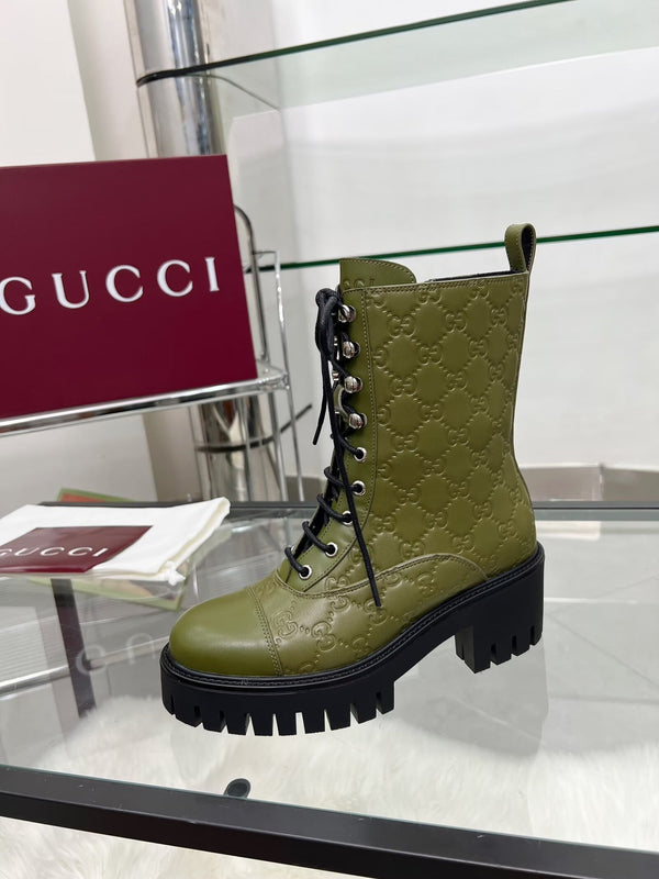 GG Platform Combat Boots Olive Green Logo Embossed Cowhide 476790