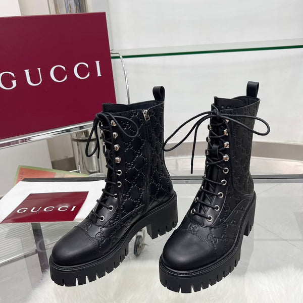 GG Platform Combat Boots Black Logo Embossed Cowhide 476791