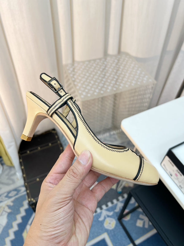 CC Slingback Heels With Black Contrast Stitching Beige Lambskin 476711