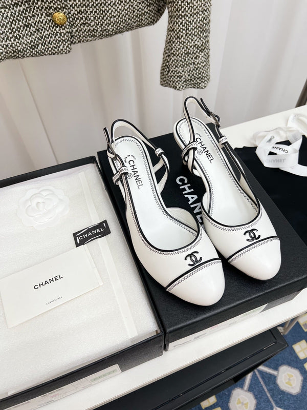 CC Slingback Heels With Black Contrast Stitching White Lambskin 476712