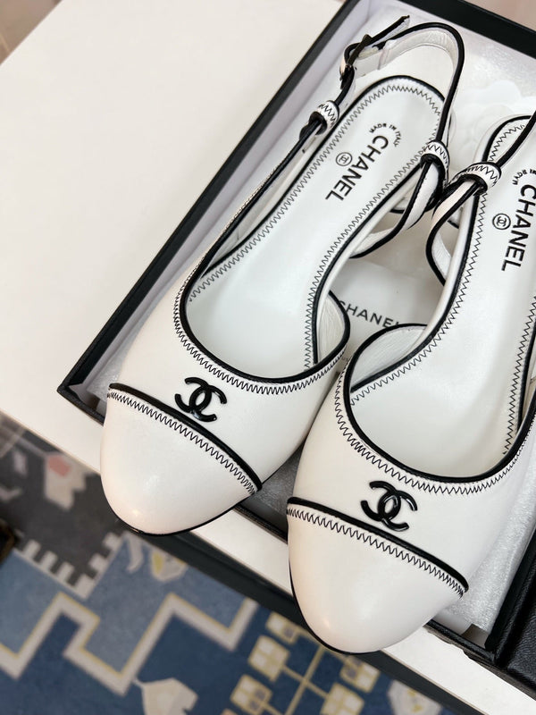 CC Slingback Heels With Black Contrast Stitching White Lambskin 476712