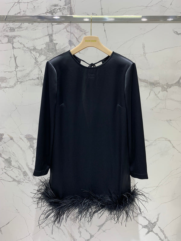 Miu Miu Ostrich Feather Dress Black Acetate Satin Fabric