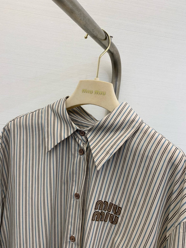 Miu Miu 25 Embroidered Striped Shirt Beige Brown Cotton