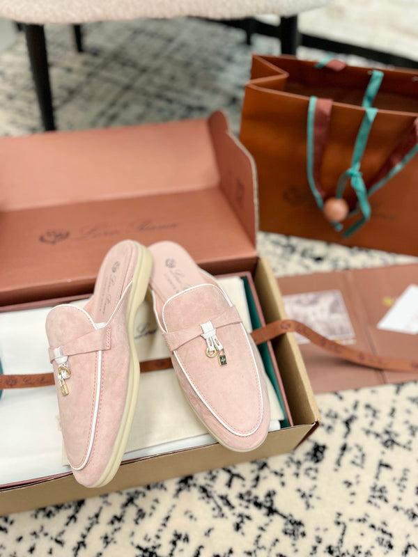 Loro Piana Light Pink White Suede Charms Walk Flat Mules