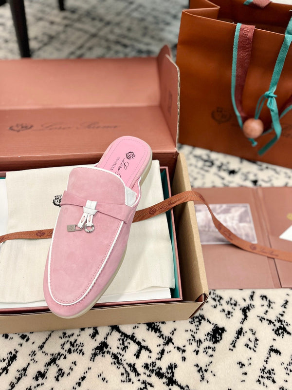 Loro Piana Pink Suede Charms Walk Flat Mules