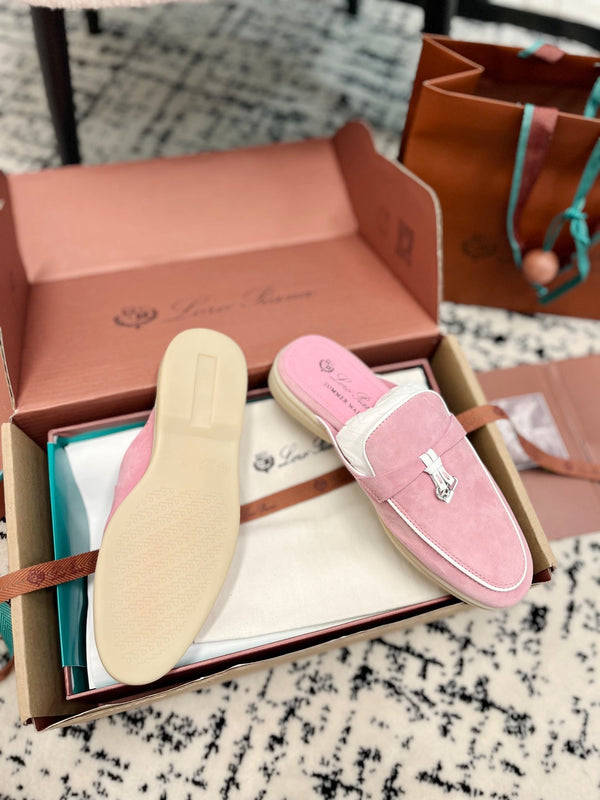 Loro Piana Pink Suede Charms Walk Flat Mules