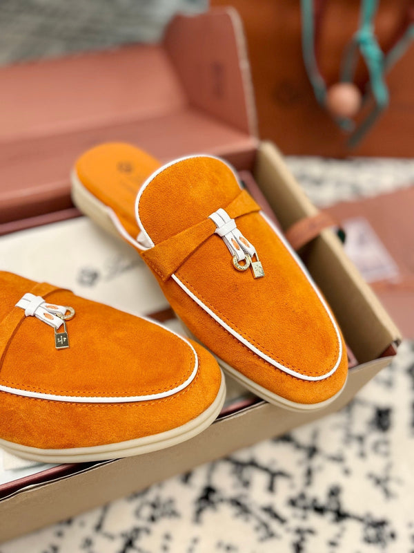 Loro Piana Carrot White Suede Charms Walk Flat Mules