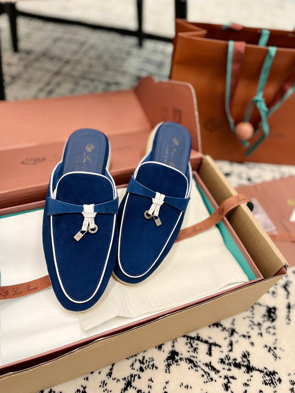 Loro Piana Dark Blue White Suede Charms Walk Flat Mules