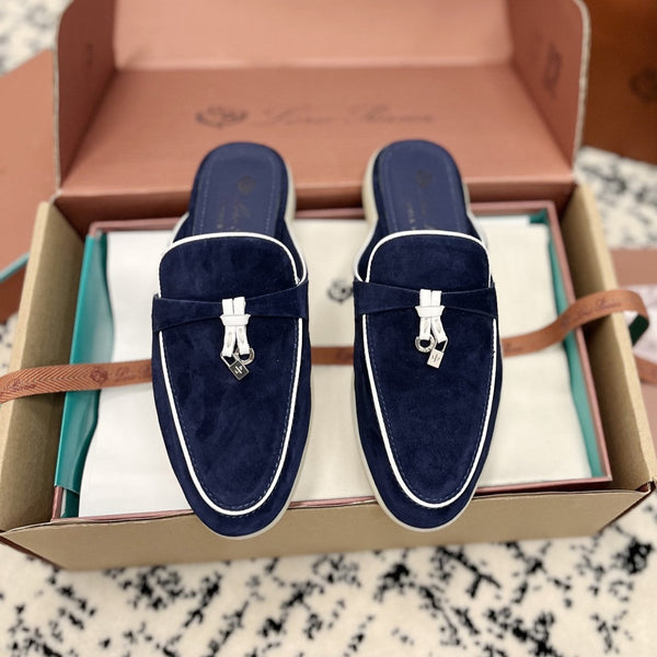 Loro Piana Navy White Suede Charms Walk Flat Mules