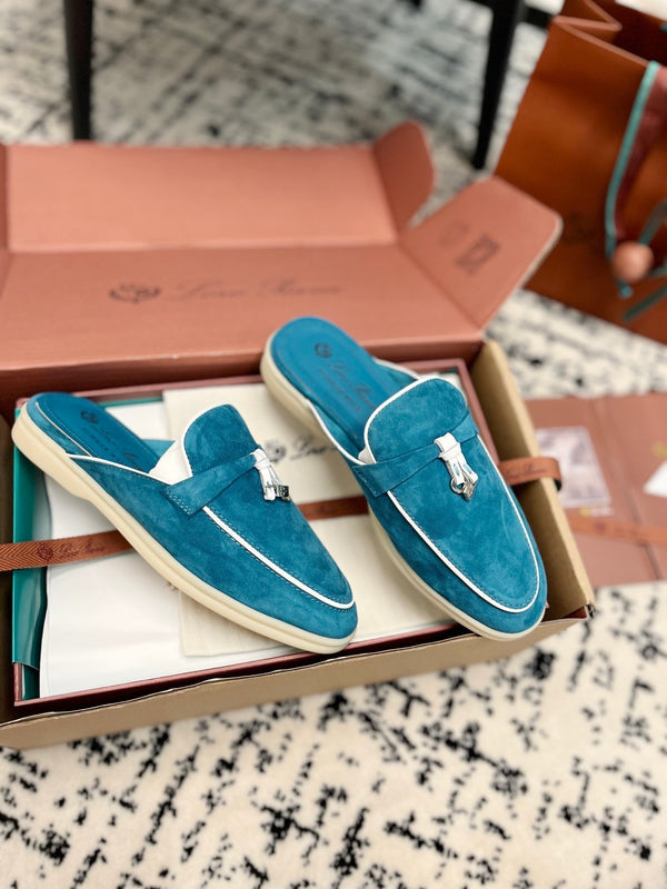 Loro Piana Ocean Blue White Suede Charms Walk Flat Mules