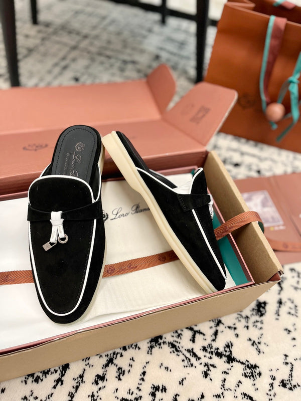 Loro Piana Black White Suede Charms Walk Flat Mules