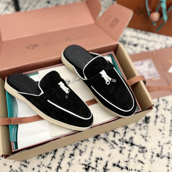 Loro Piana Black White Suede Charms Walk Flat Mules