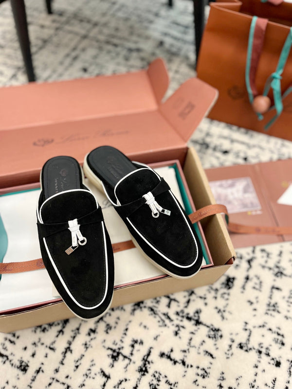 Loro Piana Black White Suede Charms Walk Flat Mules