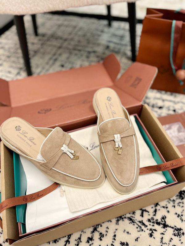 Loro Piana Beige White Suede Charms Walk Flat Mules