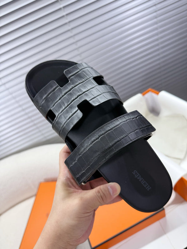 HM Chypre Sandal Black Crocodile Skin 205482