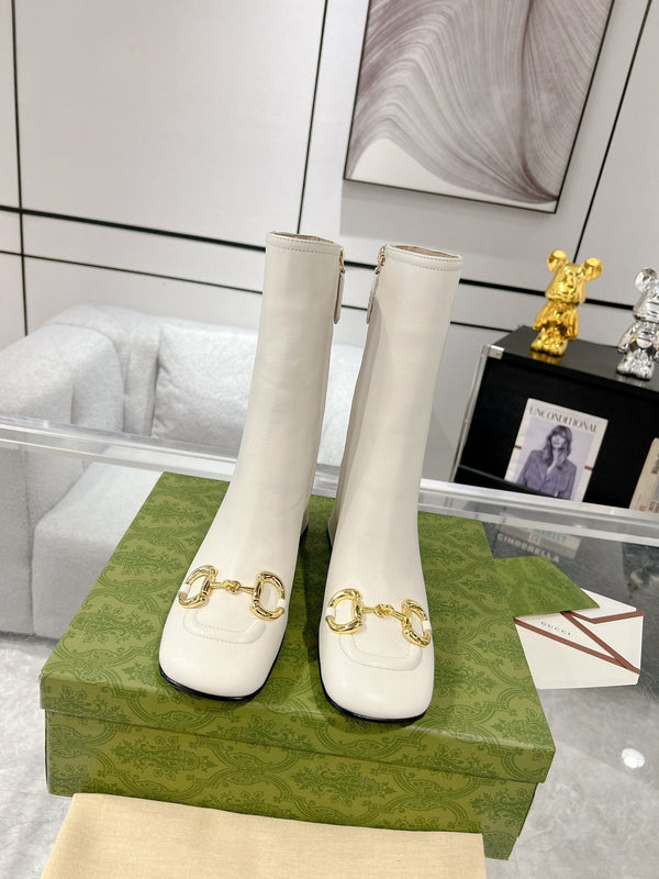 Gucci Horsebit Square Toe Mid-heeled Ankle Boots White Cowhide 490536