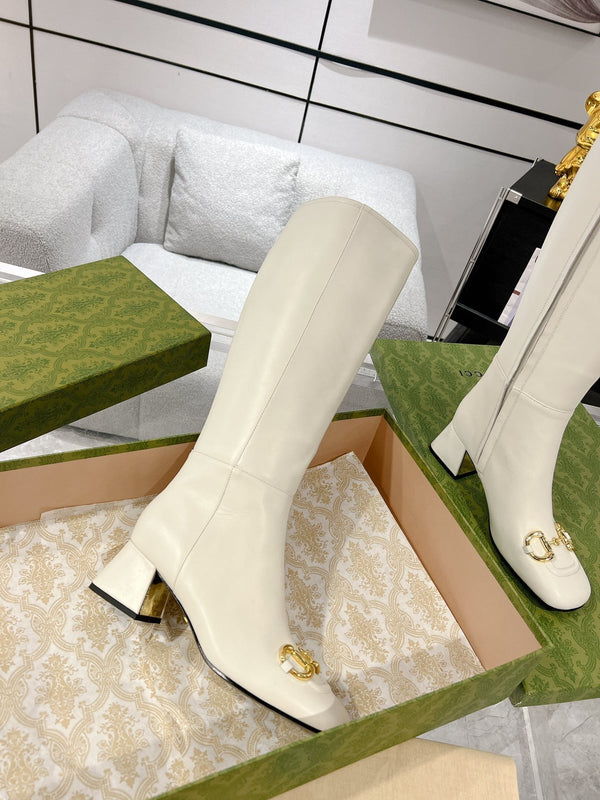 Gucci Horsebit Square Toe Mid-heeled Ankle High Boots White Cowhide 490538