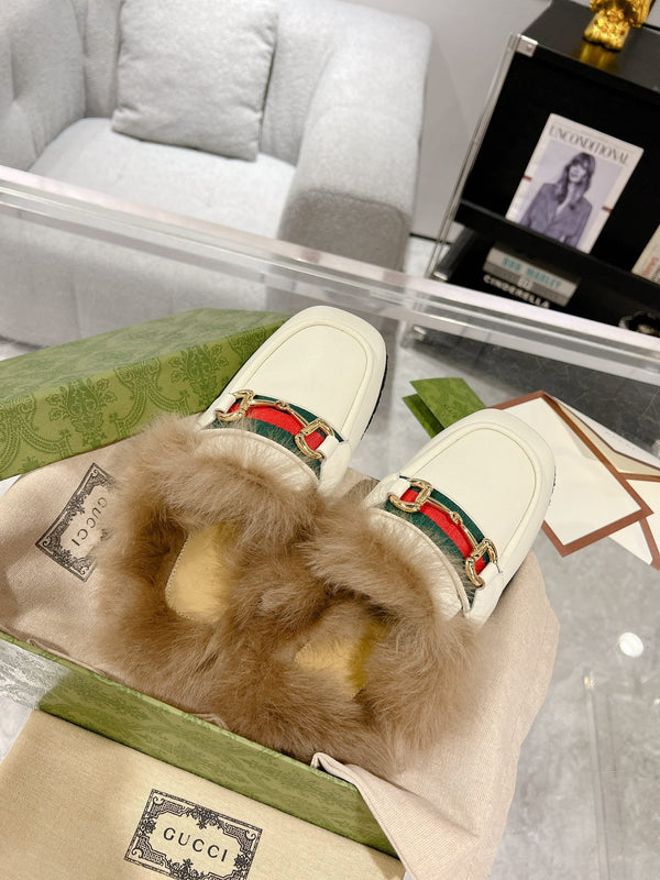 HORSEBIT MULE WITH WEB IN WHITE CALFSKIN MIX MINK FUR