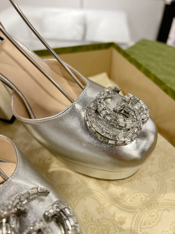 GG CRYSTALS PLATFORM PUMPS SILVER CALFSKIN