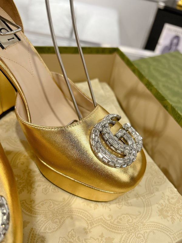 GG CRYSTALS PLATFORM PUMPS METALLIC GOLD CALFSKIN