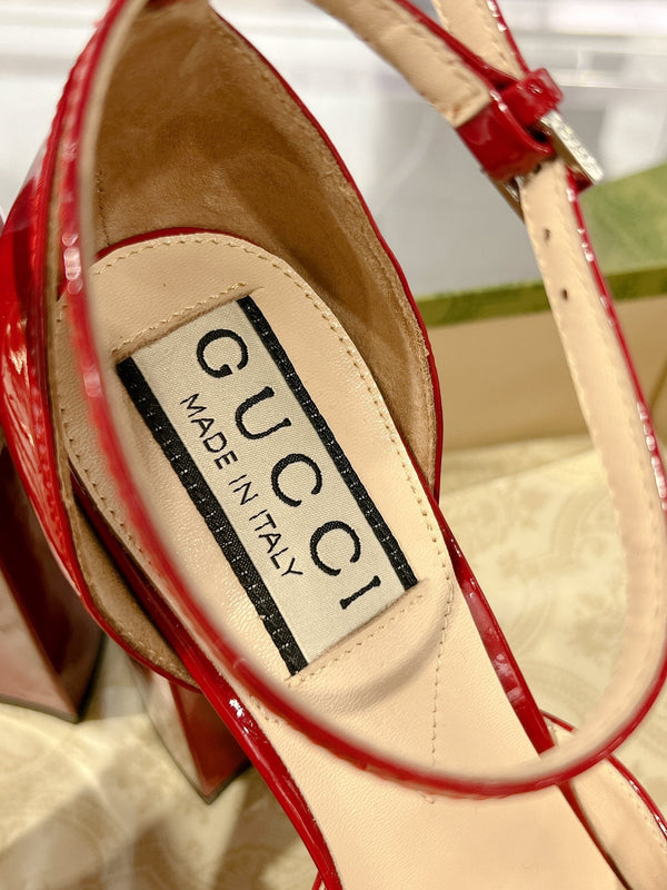 GG CRYSTALS PLATFORM PUMPS SCARLET CALFSKIN