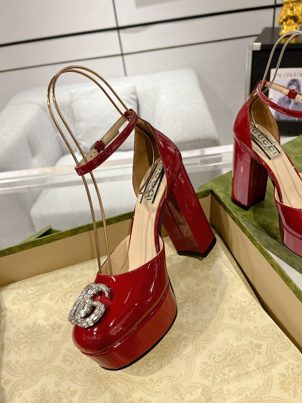 GG CRYSTALS PLATFORM PUMPS SCARLET CALFSKIN