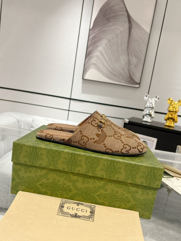 GG & ADIDAS MULE HORSEBIT BUCKLE LIGHT BROWN CANVAS