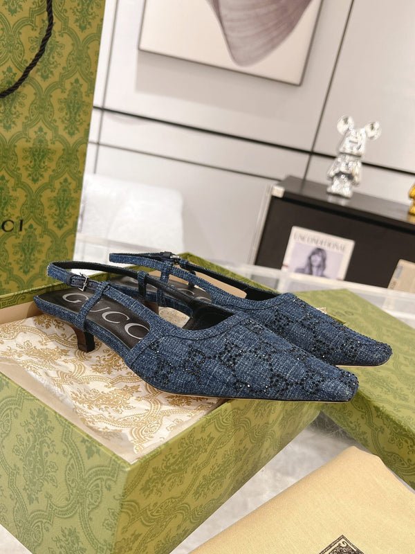 GG CRYSTALS SLINGBACK PUMP DENIM FABRIC