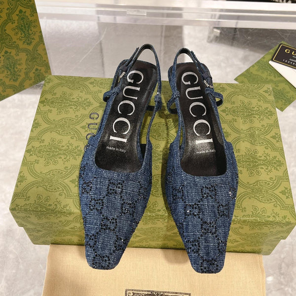 GG CRYSTALS SLINGBACK PUMP DENIM FABRIC