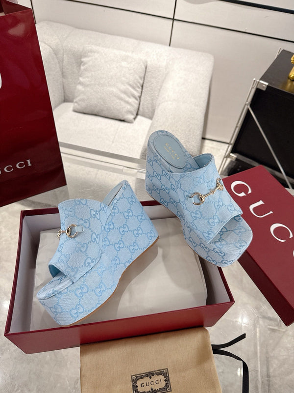 GC Wedge With Horsebit Sandal Light Blue Canvas 292421